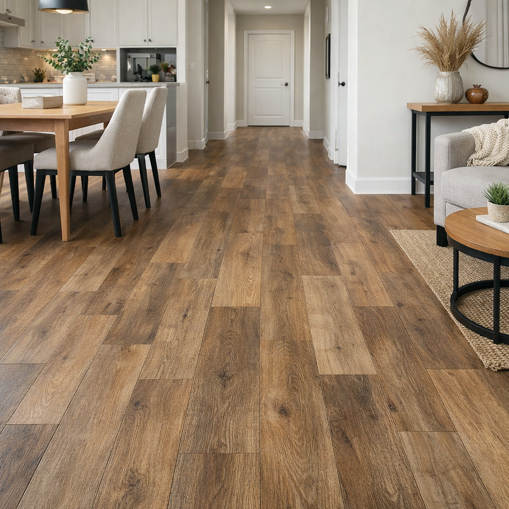 living room with vinyl plank flooring installation