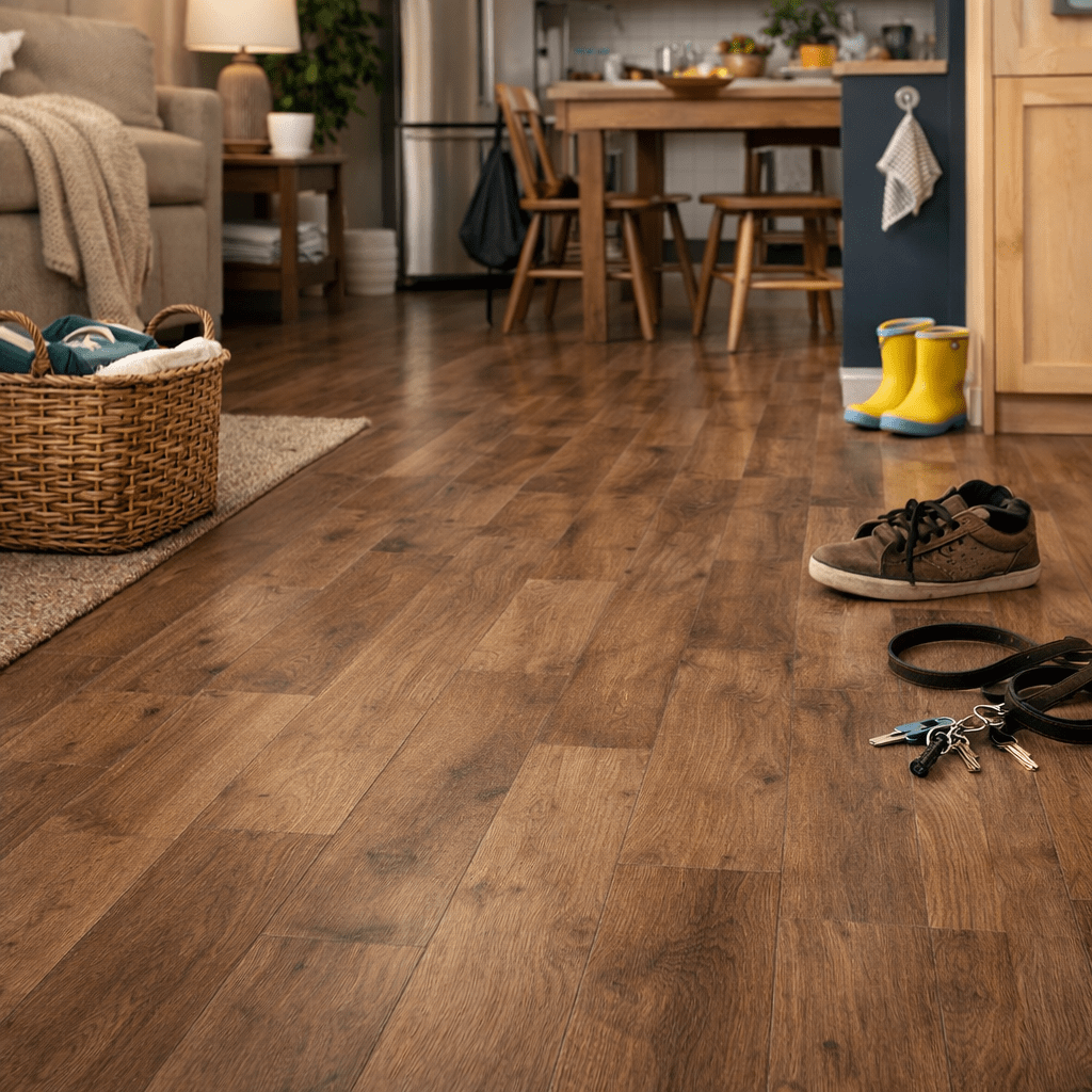 Keys, brown shoes, yellow rain boots, and a woven basket on wooden floor in a cozy home interior