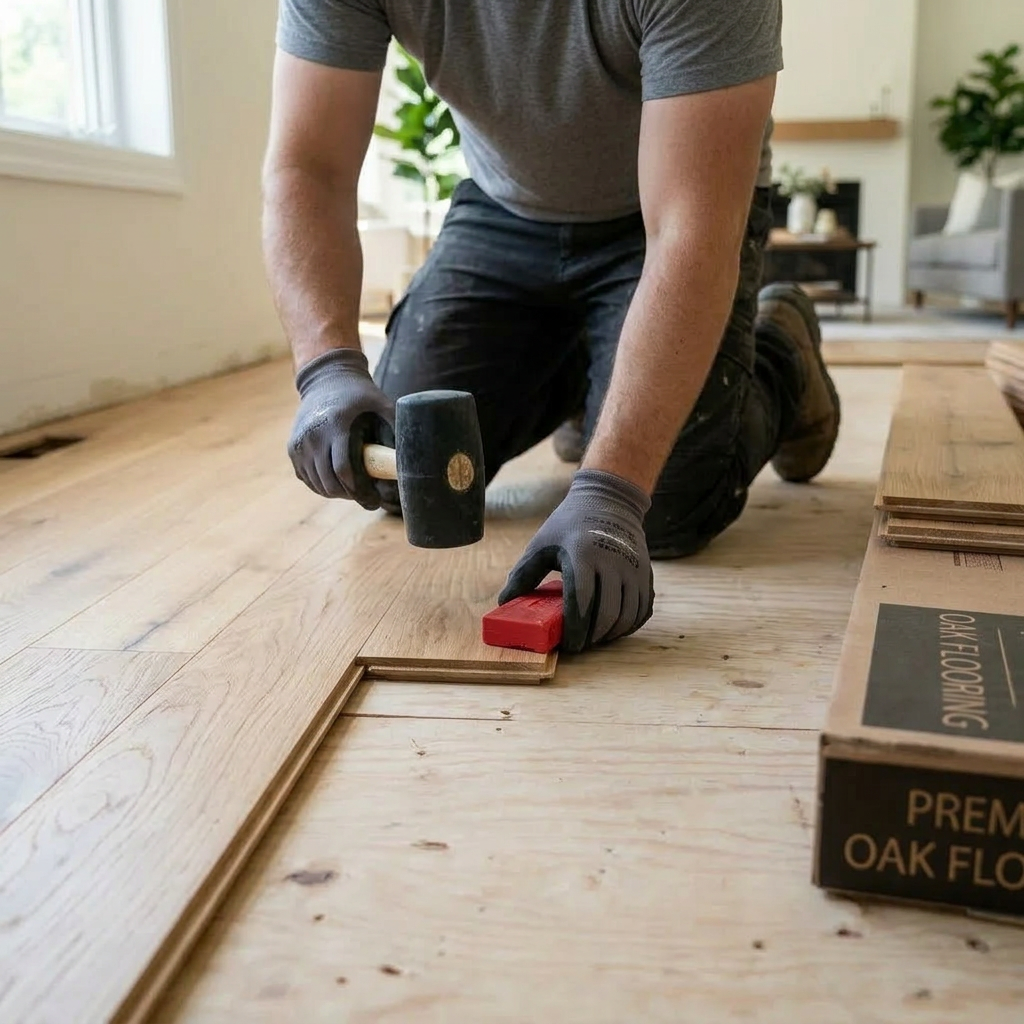 Person kneeling while fitting oak hardwood floor planks in a living room under renovation